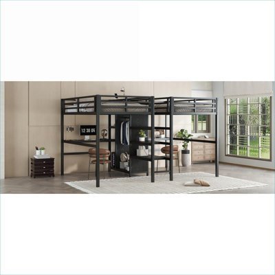 Lit mezzanine simple au-dessus de simple en métal avec bureau intégré, garde-robe, tablettes et prises de courant encastrées, mobilier de chambre à coucher peu encombrant, noir mat