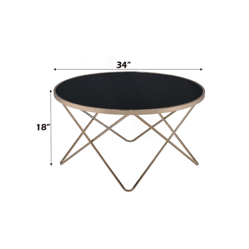 Table basse ronde en verre noir avec base en métal champagne