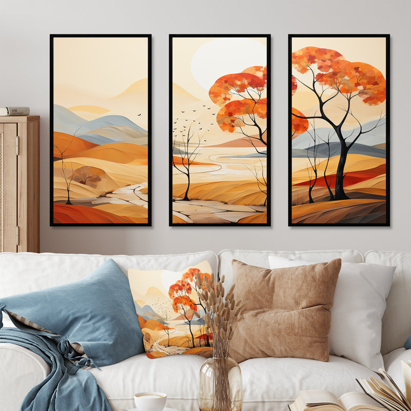 Serene Autumn Lansdcape - Ensemble de décorations murales paysage abstrait, Cadre flottant noir, H 40 po x l 60 po x P 1 po