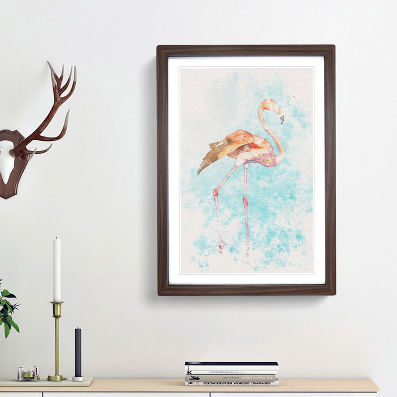 Flamingo Bird Watercolour - Framed Print, 33cm H x 24cm W x 2cm D, Walnut Framed