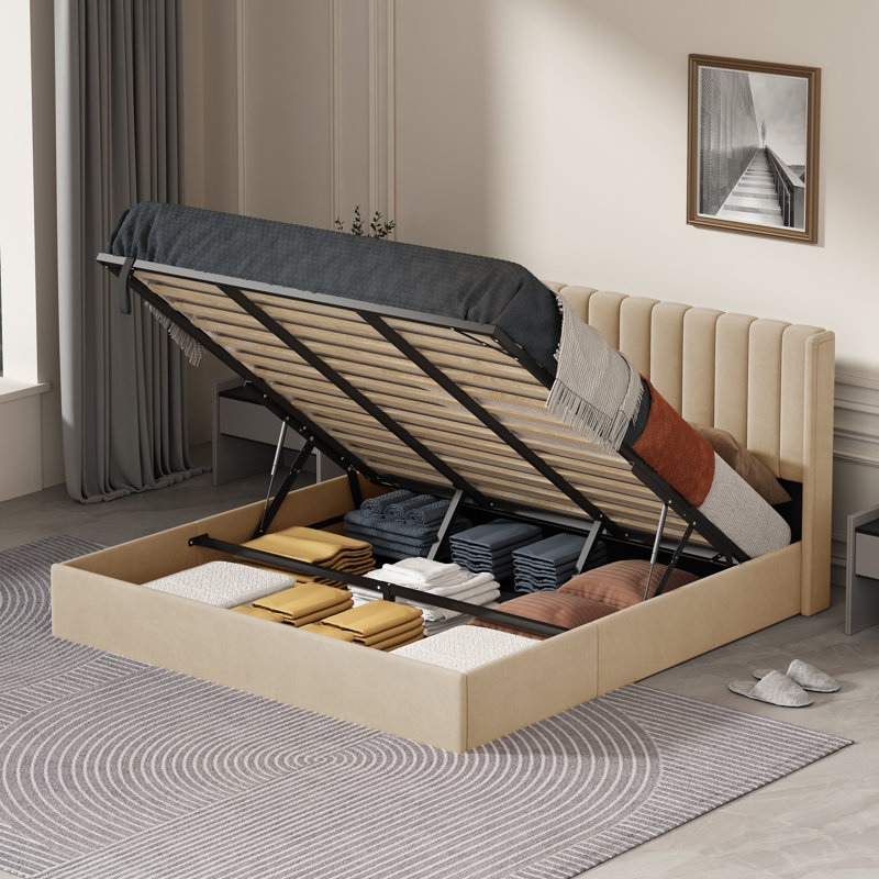 Lit plateforme avec rangement Daizia, Très grand, Or pâle