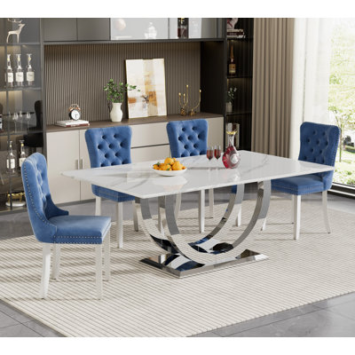 Faux Marble Dining Table Set, 69.3" Rectangular Dining Table & Tufted Velvet Chairs, Modern Kitchen Dining Room Table with Dual U-Shape Stainless Stee