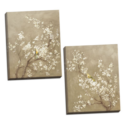 " White Cherry Blossom I & II Neutral Crop Bird " by Danhui Nai 2 - Pieces