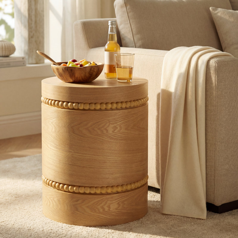Table de bout cylindrique en bois organique avec détails perlés Norr