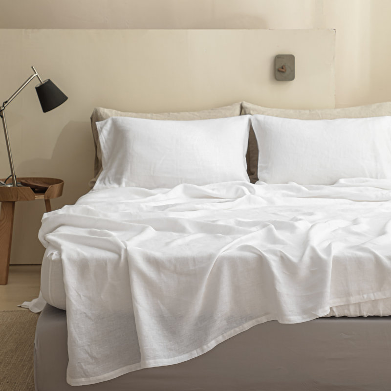 100% Linen Sheets Set, King Sheet Set with 2 Pillowcases, White