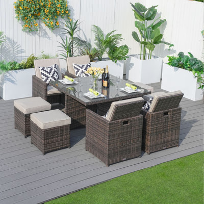 Theone 8 - Person Wicker Patio Dining Set with Square Table , Cushions Included