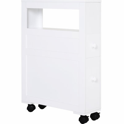 Bathroom Floor Cabinet With Locking Wheels And White Color - 45 Lbs Capacity Storage In Material Rolling