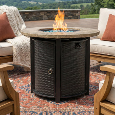 25" H x 30" W Round Outdoor Propane Fire Pit with Wood Features Top and Glass Beads and Hideaway Gas Tank Seat 50000BTU