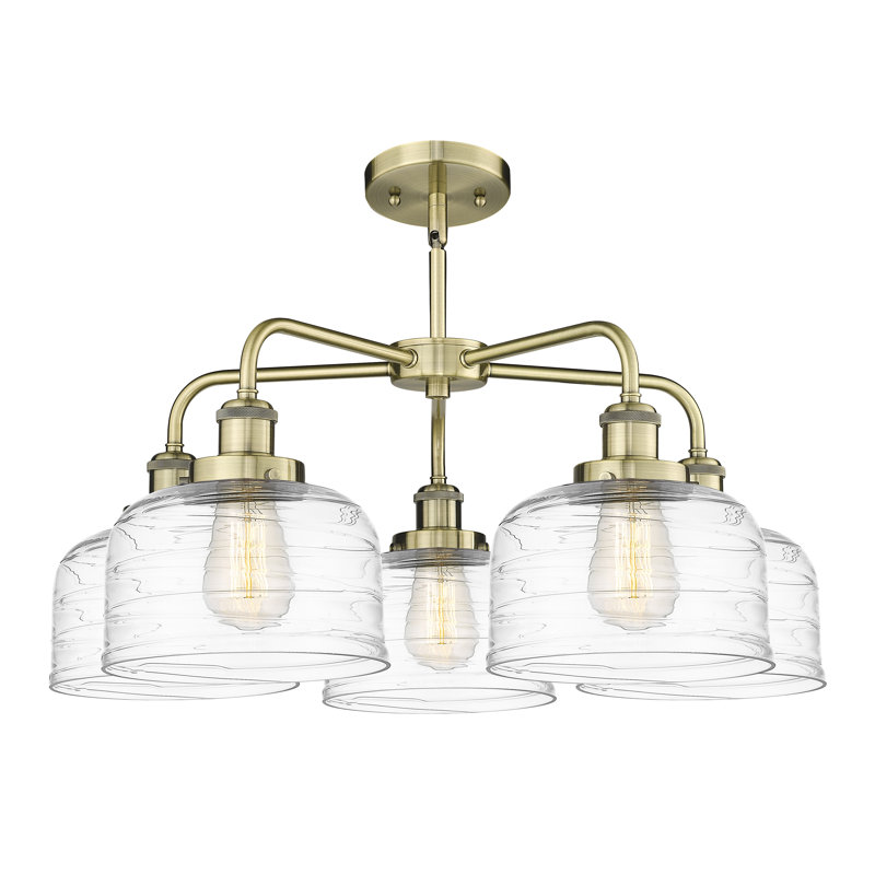 Lustre en verre à 5 lumières Bell, Laiton antique, Tourbillon déco transparent