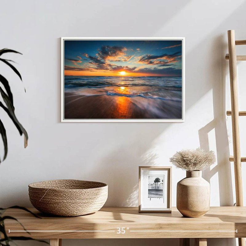 Été, océan, lever de soleil, Cadre flottant blanc, 19 po x 13 po