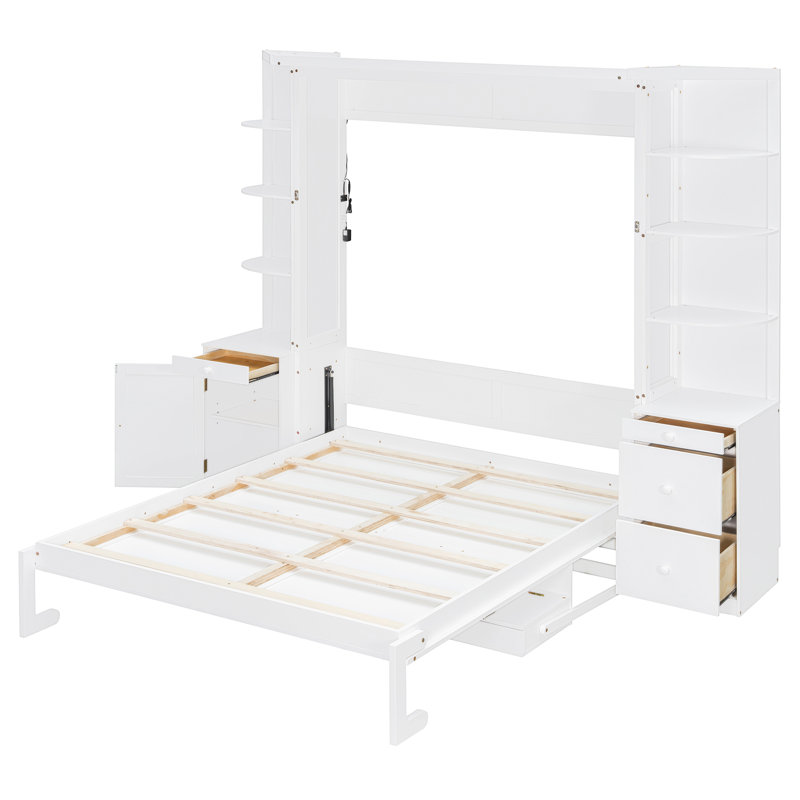 Lit escamotable Queen gain de place, bureau de rangement en MDF, bureau à domicile moderne, White