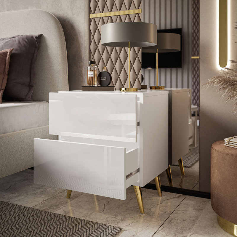 Ballajura 2 Drawer Bedside Table, White/Gold