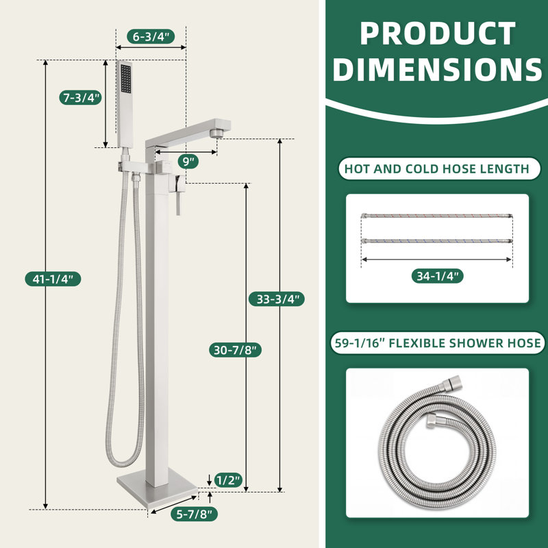 Free Standing Tub Faucet, 360°Swivel High Flow Freestanding Bathtub Faucet with Handheld Shower, Brass Body Tub Filler for Modern Bathroom