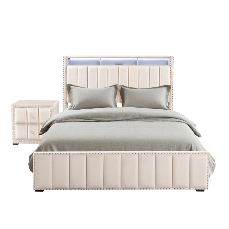 Ensemble de chambre à coucher 2 pièces, cadre de lit rembourré avec station de charge, lumière DEL et table de chevet, Beige