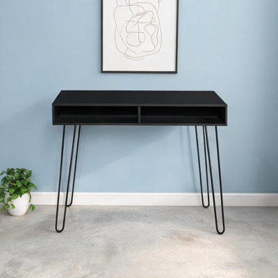 Bureau d'ordinateur en stratifié noir profond avec pieds en épingle à cheveux, table de travail de 40 pouces, style moderne