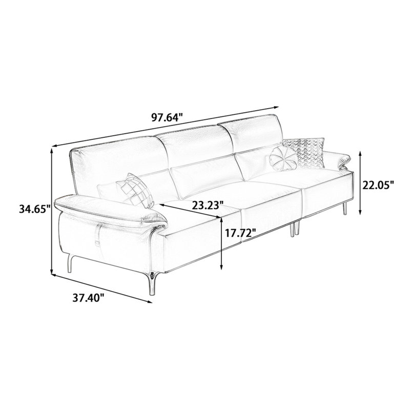 Gray Genuine Leather Modular Sofa cushion couch, 34.65" H x 97.64" W x 37.4" D, Gray, 3