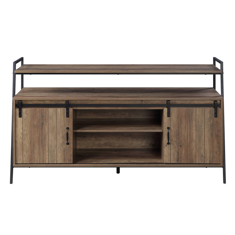 Meuble télé de 60 pouces avec portes de grange coulissantes, finition chêne rustique et structure en métal noir, 6 compartiments, 1 tablette ouverte, idéal pour les téléviseurs de 50 à 59 pouces dans les espaces de rangement principaux