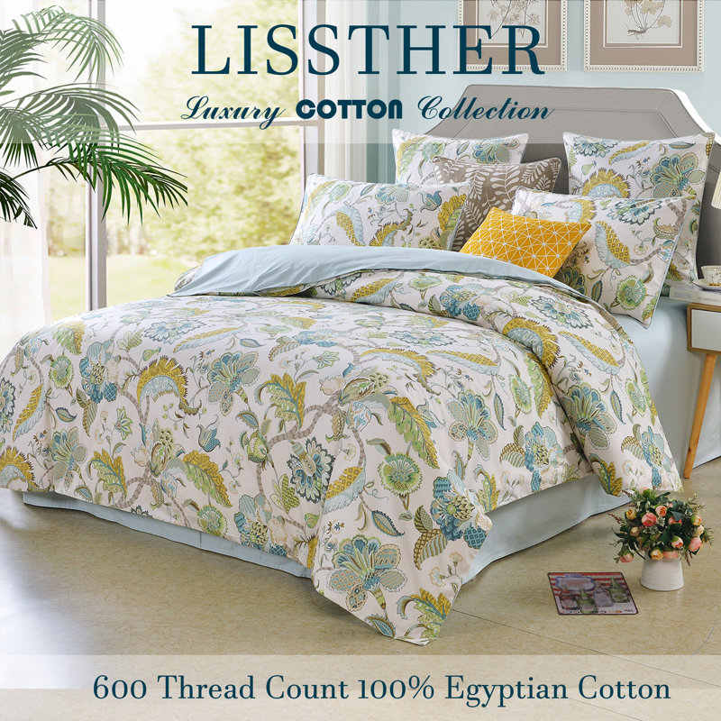  800TC 100% Egyptian Cotton Duvet Cover Set，3pcs Luxury Vintage Light Blue Paisley Floral Pattern Bedding Set, Soft Breathable And Skin-friendly Duvet Cover, Aesthetic Botanical Pattern for Bedroom Guest Room Student Dorm All Seasons