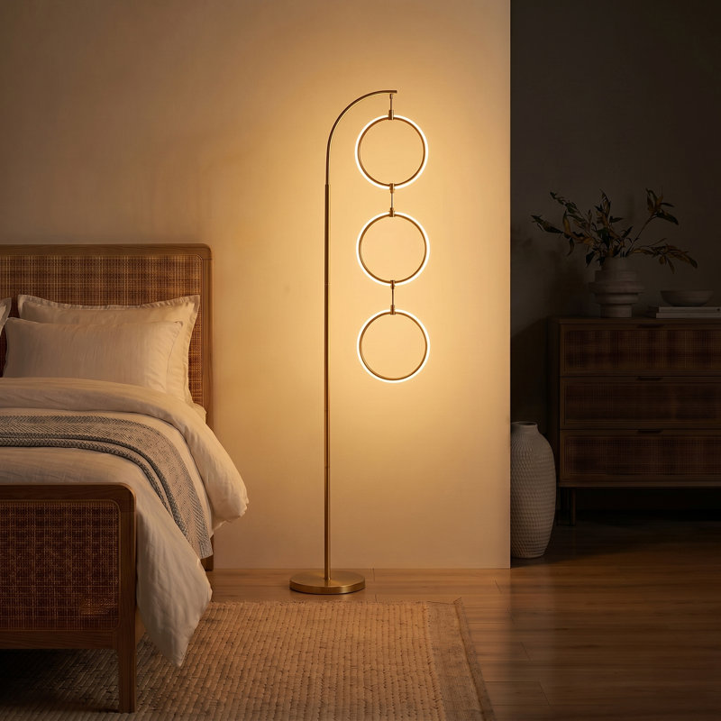 Nova 74" Modern Industrial Arched LED Floor Lamp with Gold Brass Finish, Hanging Ring Lights, and Built-In 3-Way Dimmer, Integrated Lighting