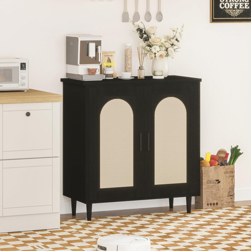 GarveeHome Sideboard Buffet Kitchen Storage Cabinet with Rattan, Solid Wood Feet for Living Room, Hallway, Entryway, Cabinet with Ample Storage Space,Black,1PCS