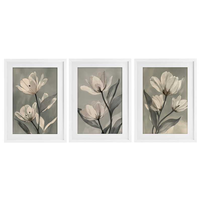 Flower Trios Portraits, ensemble de 3 reproductions encadrées sous verre, design par Annabelle Hall, H 20 po x l 14 po