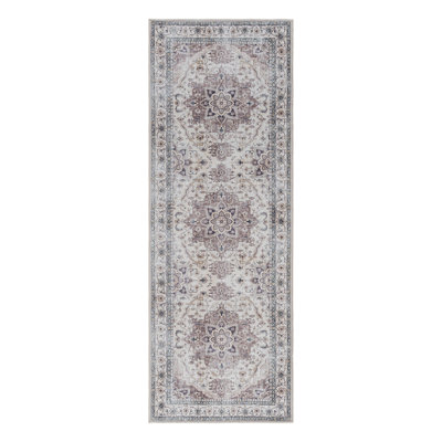 Samira Tiefi Gray Ivory Multi Machine Washable Traditional Medallion Indoor Area Rug, Flat Pile for Living Room & Bedroom - Gray, 2x6 Runner