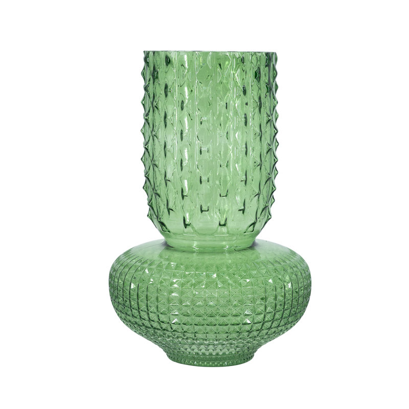  Round  Glass Vase With Hobnail Texture, overall height- 12.8", Green