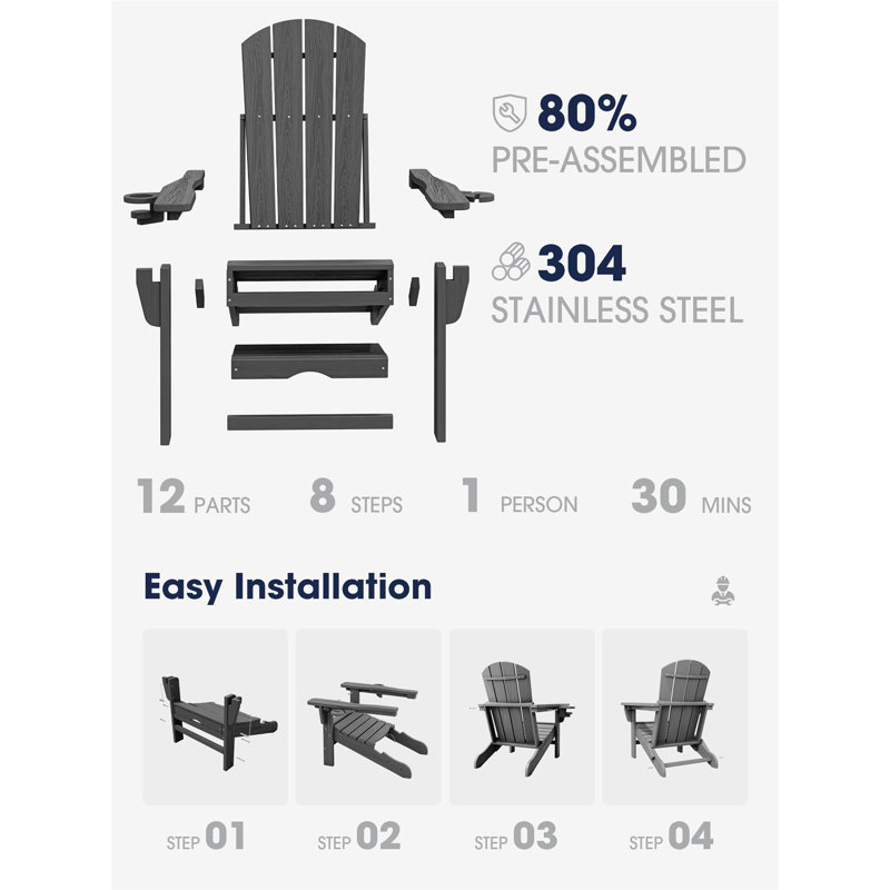 Grey Reclining Adirondack - Adjustable with Ottoman & Cup Holder
