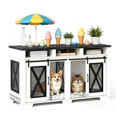 Meuble de 71 po pour cage double 71 po pour l'intérieur, très grand chenil avec cloison amovible et 3 tiroirs de rangement, chenil pour chien à deux compartiments avec portes doubles, meuble télé pour cage de chien d'intérieur.