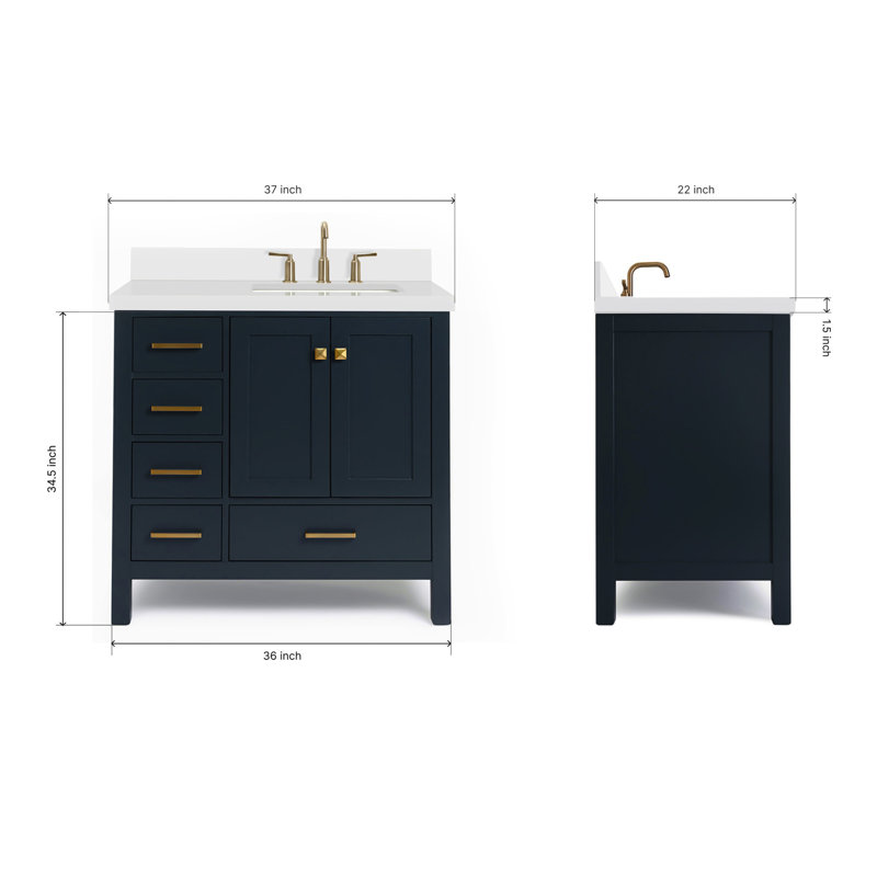 Cambridge 37'' W Single Vanity, Midnight Blue, Pure White Quartz, Rectangular