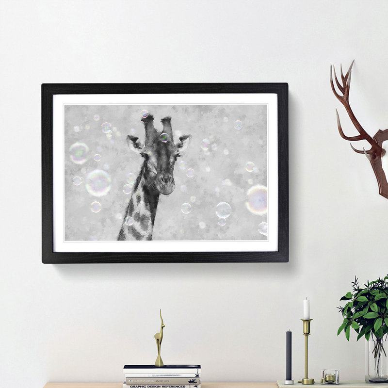 Giraffe Through The Bubbles - Single Picture Frame Painting on MDF, Black Framed, 24cm H x 33cm W x 2cm D