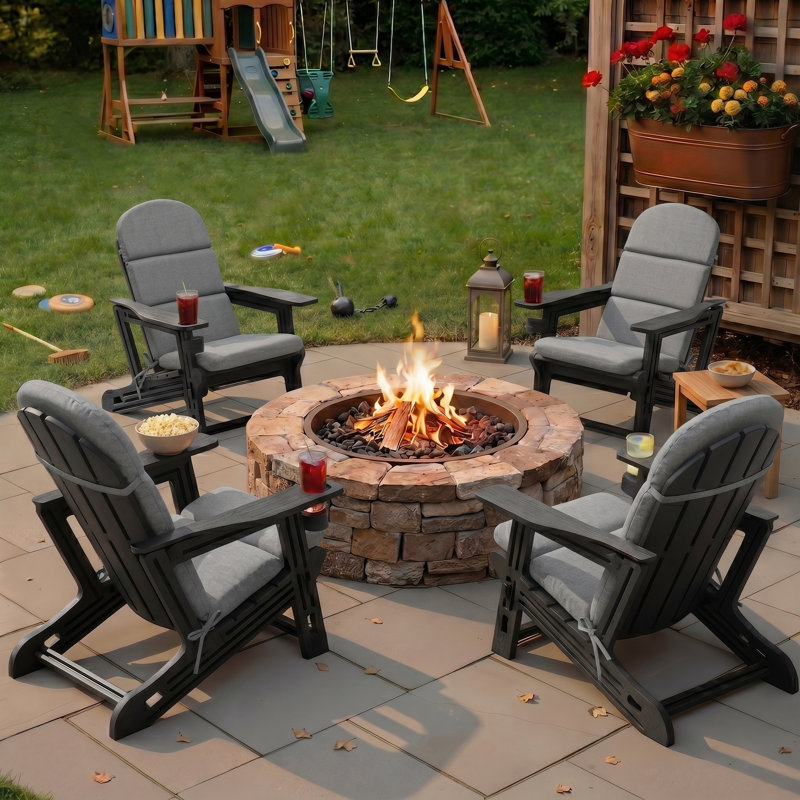Outdoor HDPE Adirondack Chair Set With Removable Cushions And Cup Holder, Light Gray