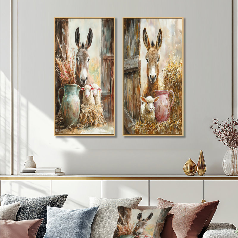 Portrait d'âne et d'agneau à la grange I - Collection d'art mural animaux 2 pièces, H 28 po x l 25 po, Cadre crème crème