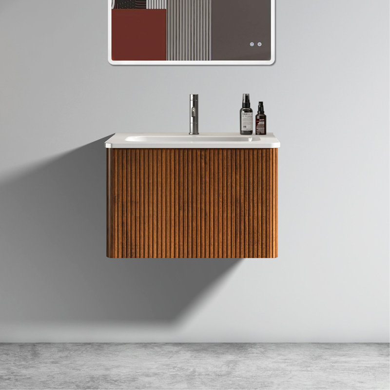 Meuble-lavabo élégant avec texture noyer rayé et lavabo intégré, Noyer