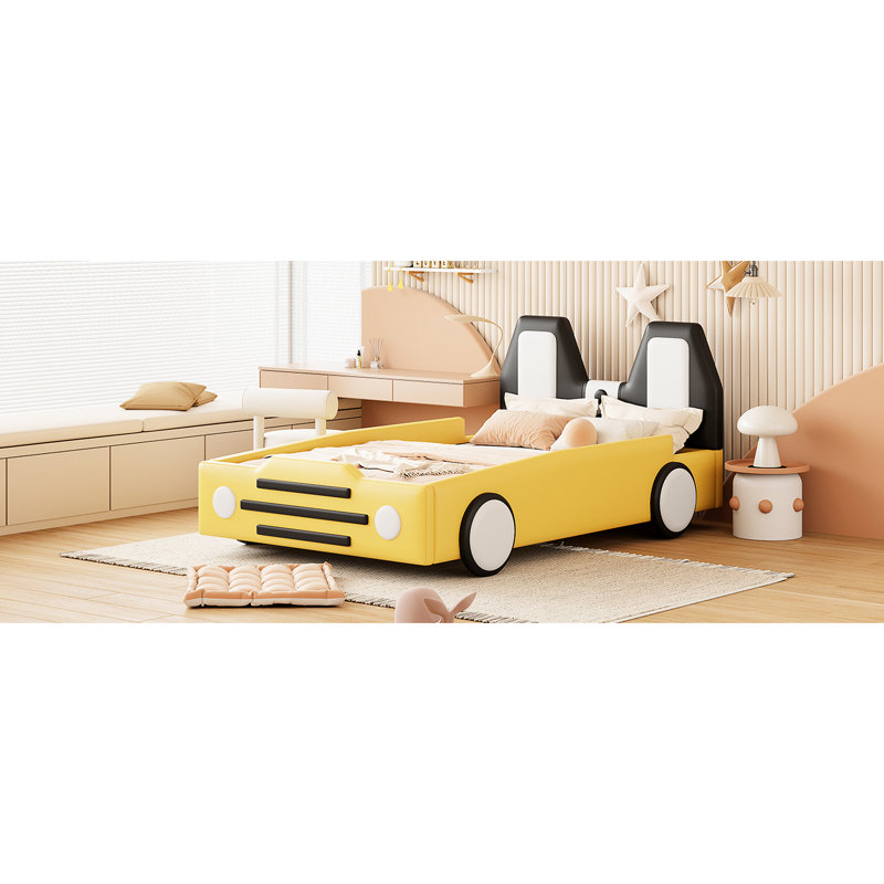 Lit plateforme jaune avec thème voiture de course et roues - sommeil confortable, sommeil relaxant, Jaune