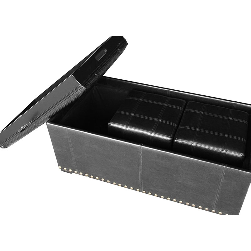 Convertible Leather Storage Bench With 2 Black Ottomans For Living Room, Nail Heads Style, 16" H X 39.68" W 40" D Bench, 13" 13.5" Ottomans, To Table, Great Feature,