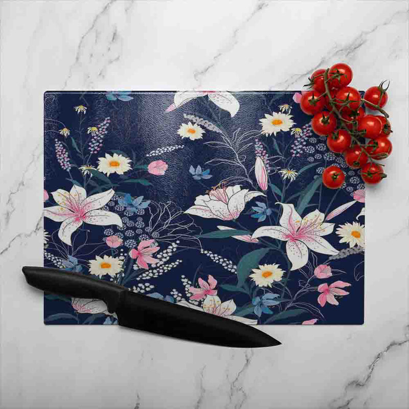 Tropical White Flowers Glass Chopping Board, 40cm L x 28cm W