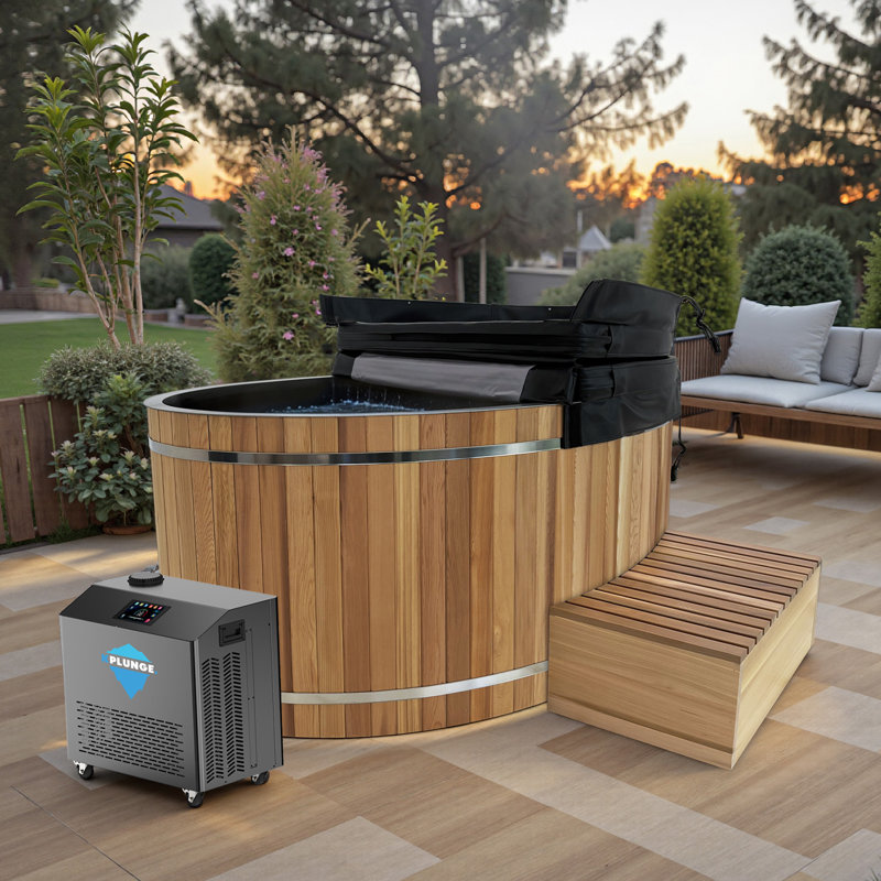 62 In. 2-Person 0-Jet Cedar Cold Plunge  Ice Bath Tub/Hot Tub With 1 HP Powerful Chiller And Heater In Natural Finish