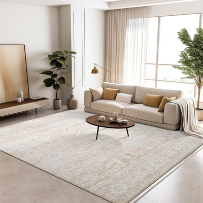 Tapis floral lavable à la machine à motif médaillon (beige)