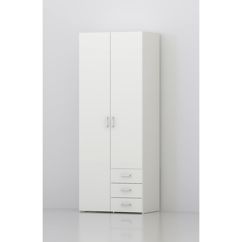 Cassiani Wardrobe With Two Doors And Three Drawers, 200cm H x 77cm W x 49cm D, White