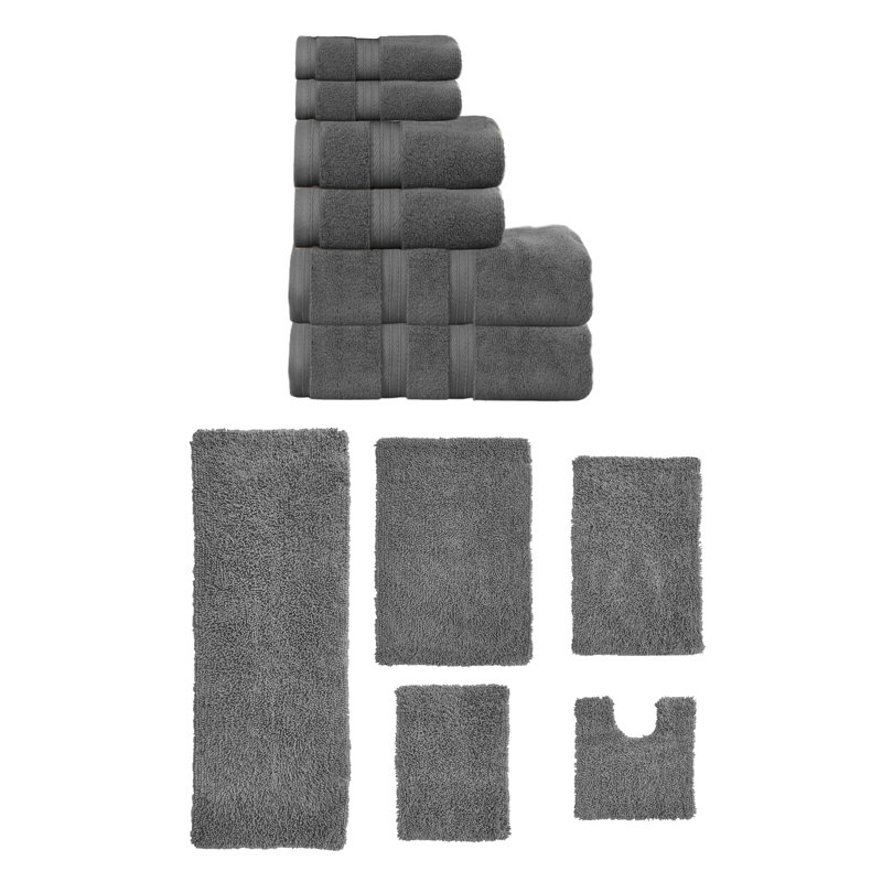 Bruno Collection 100% Soft Cotton 3 Pc Towel Set & 3 Pc Bath Rug Set, (Set of 6), Dark Gray