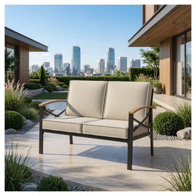 Causeuse d'extérieur robuste toutes saisons, banc de patio en métal beige 47,2 po pour jardin et terrasse