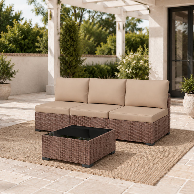 Ensemble de patio en rotin 4 pièces avec coussins, Brun / kaki, 4 pièces