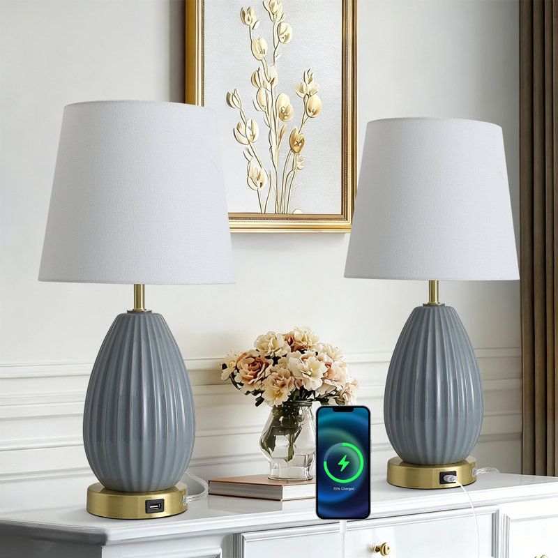 17.67" H Modern Ceramic Table Lamp with Usb For Living Room, Bedroom And Study , Antique Brass/Light Blue