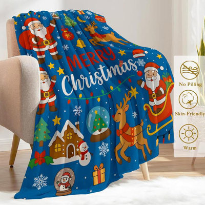 Christmas Decorative Blanket, Santa Reindeer Tree and Present Print Throw Decoration, Soft Flannel Winter Blankets for Couch Bed Sofa, Holiday Home Decor, Xmas Festival Gifts Blue 30x40 Inch add Same-design printed canvas tote bag