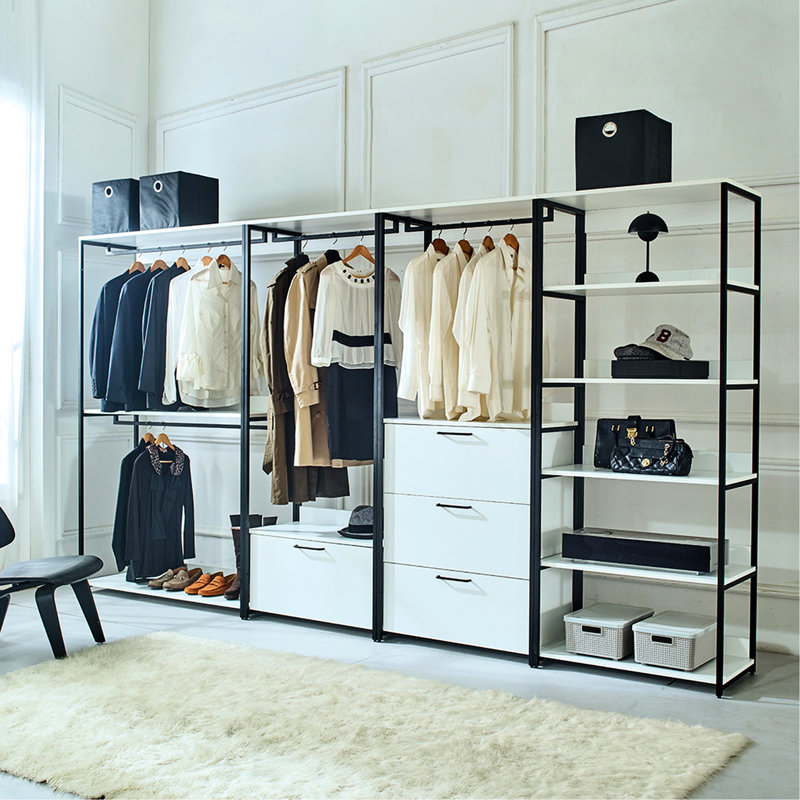 Système de garde-robe autoportant - structure en métal, rangement extra profond, résistant à l'eau et à la chaleur, égratignure, support pour planche E0 avec cadre blanc, chaleur, qualité