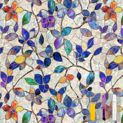 Window Privacy Film With Installation Tools Home Decorative Colored Glass Window Stickers Reusable Electrostatic Rainbow Stickers (Stained Leaf, 17.5 X 157.4 In)