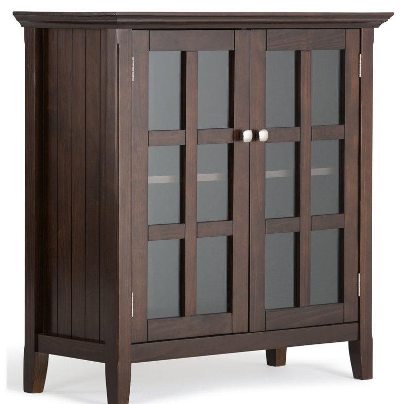 Acadian Solid Wood Transitional Low Storage Cabinet with Glass Doors and Adjustable Shelves, Brunette Brown