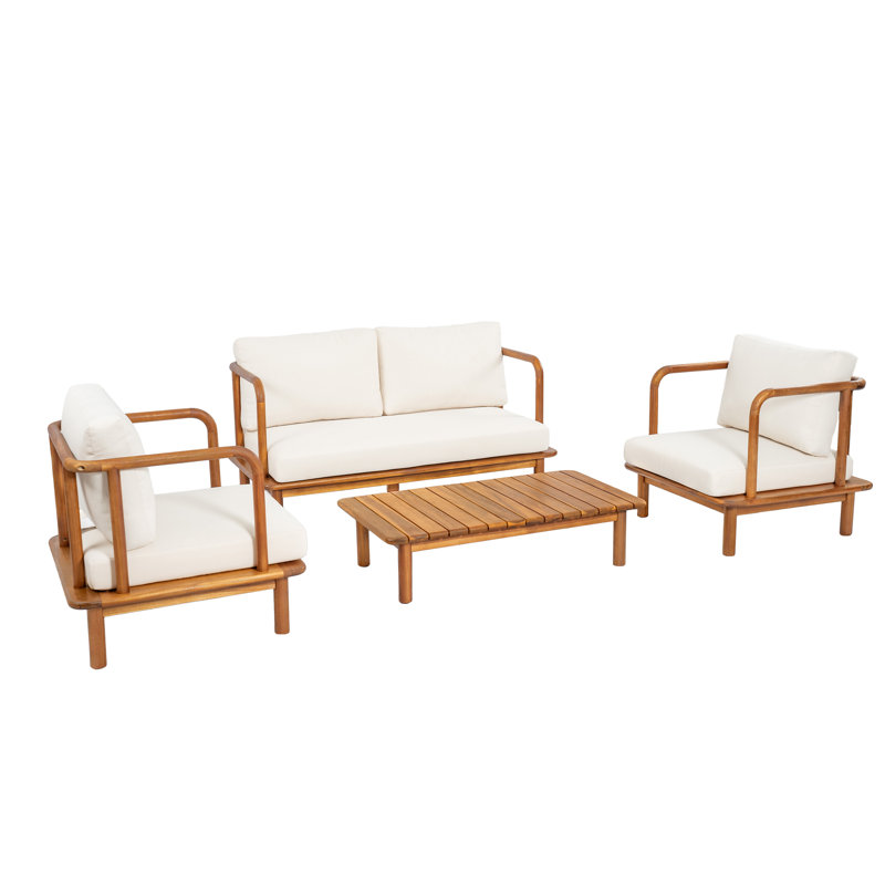 Bielers 4-Piece Patio Acacia Wood Conversation Set with Water-Repellent Cushions