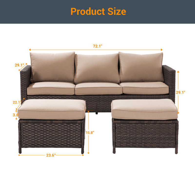 Raelee 3 - Person Patio Conversation Set with Cushions, Brown, Sand